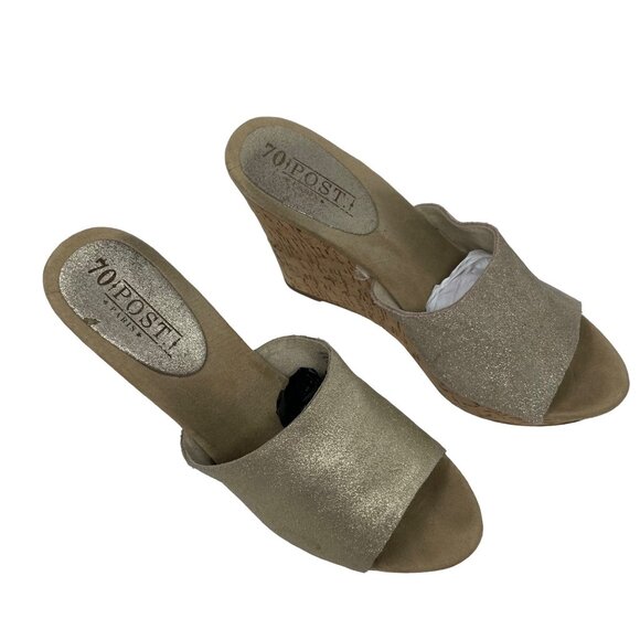 70 Post Paris Lainie Gold Leather Wedge Size 8.5 Open Toe Cork Heel - Picture 3 of 9